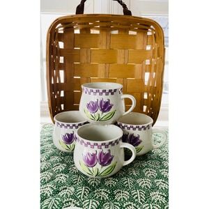 Set of 4 Ceramic Soup Mugs Vintage Purple Tulips Floral Design Checkerboard Rim